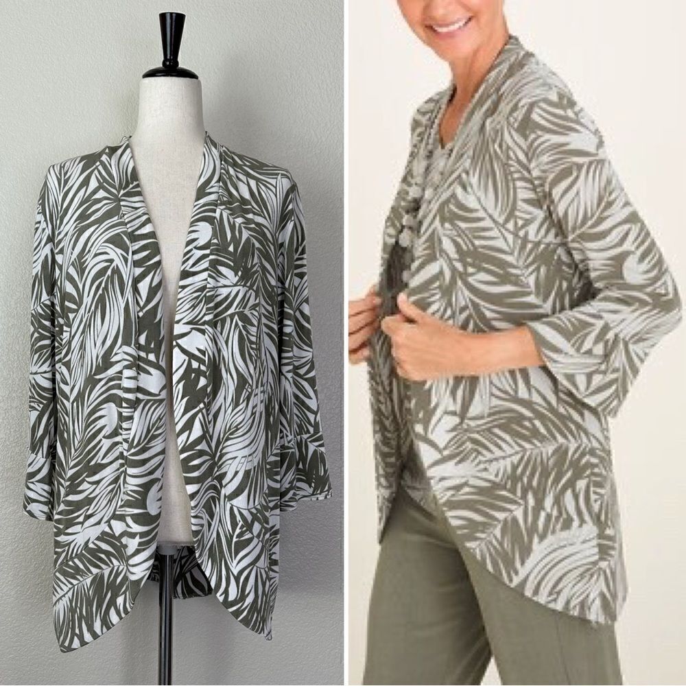 Chico’s Leaf Print Open Front Cardigan, Sz Large